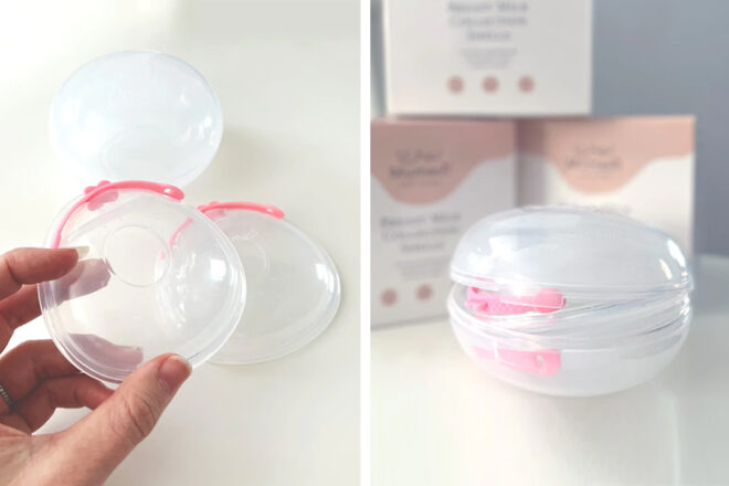 Mumasil Deluxe Breastmilk Collection Shells being held in a women's hand showing the size and scale of the product and how it fits in the handy travel protective case. 