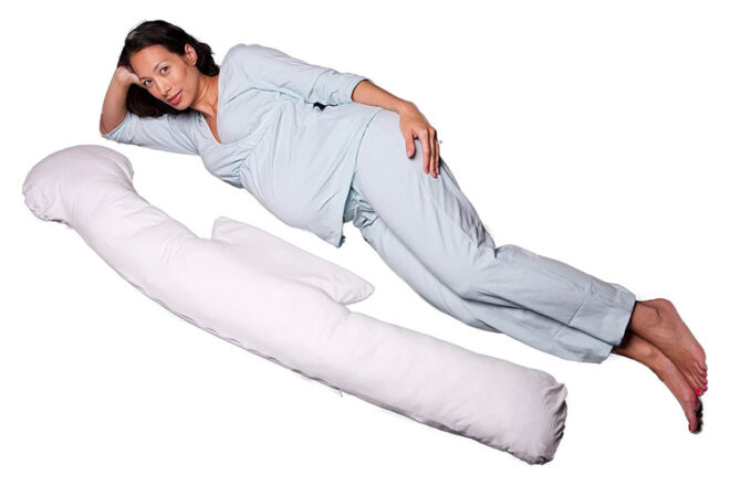 My Brest Friend 3-in-1 pregnancy body pillow showing the length of the pillow compared to a height of a pregnant mum. The unique head rest and belly flap are also shown.