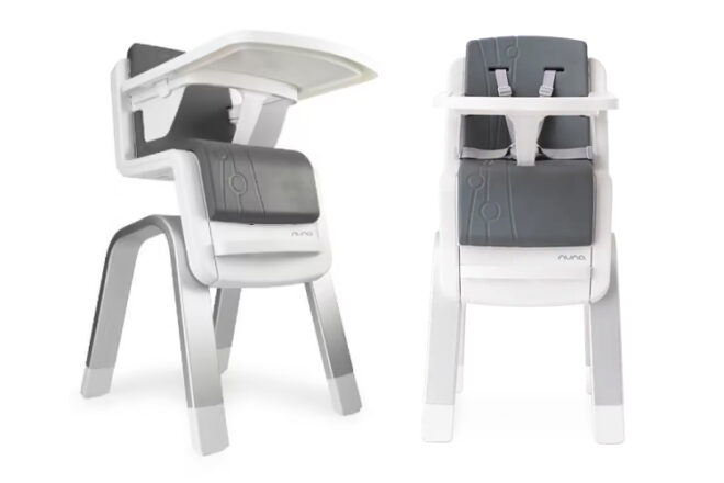 Nuna Zaaz feeding chair showing the modern construction from the side view compared to the front view.