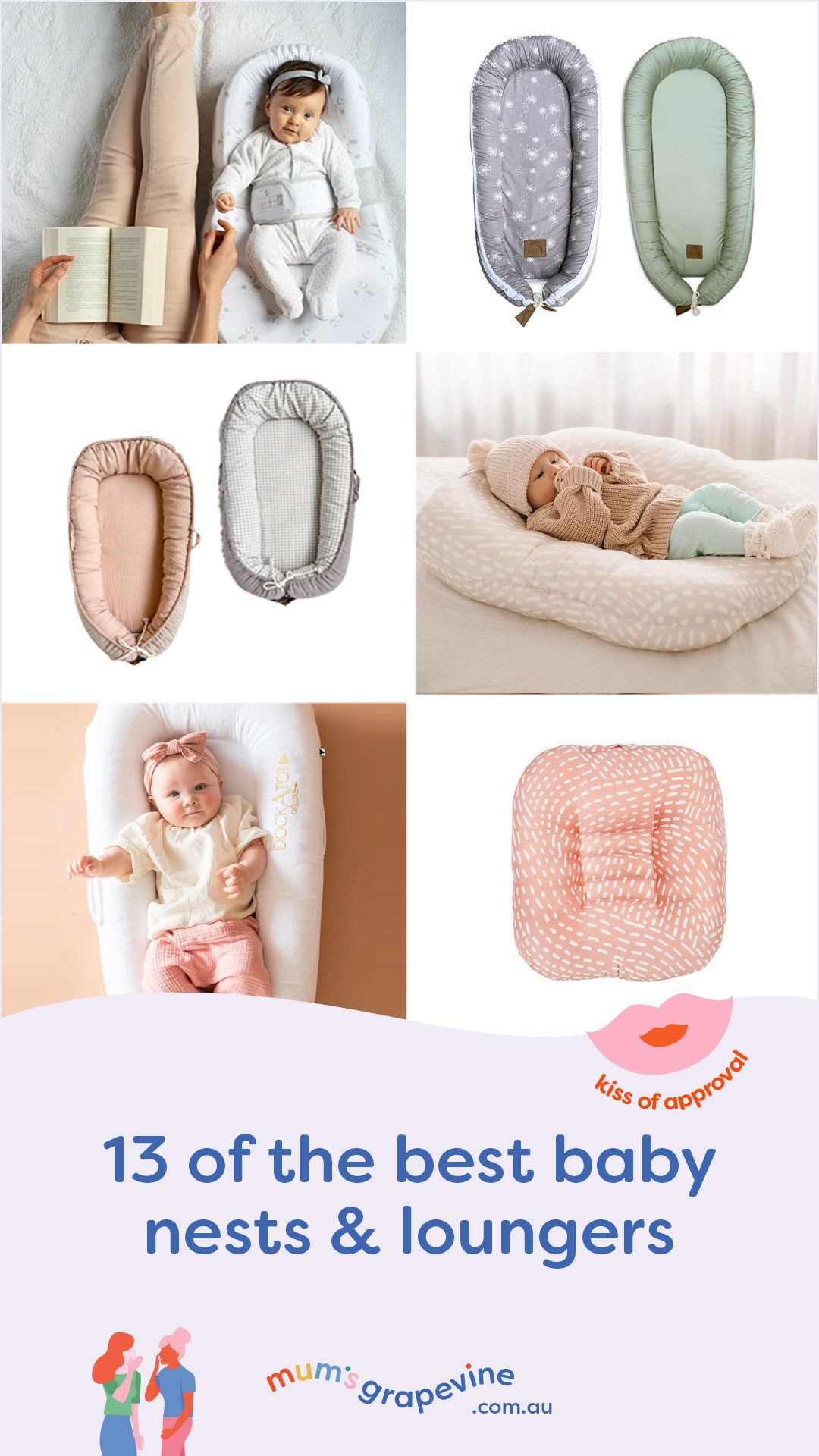 Comparision of six baby nests showing the different brands, styles, materials, prints padding and sizes.