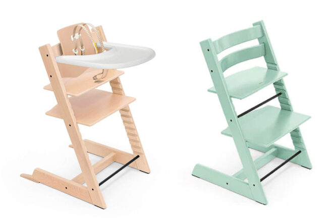 Stokke Tripp Trapp High Chair showing side view with and without the optional tray top in two colourways; natural wood and painted mint green.