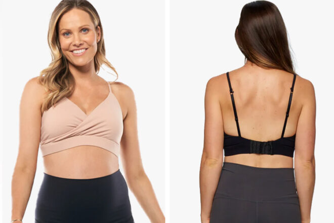Bae Set In Motion maternity sleep bra showing back and front view in two colourways, nude and black.
