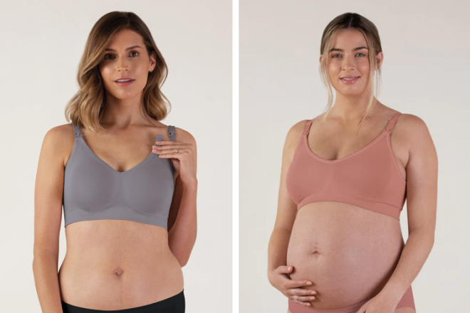 Bravado Designs Body Silk Seamless Sustainable Nursing Bra in two colours, showing clip release and smooth surface.