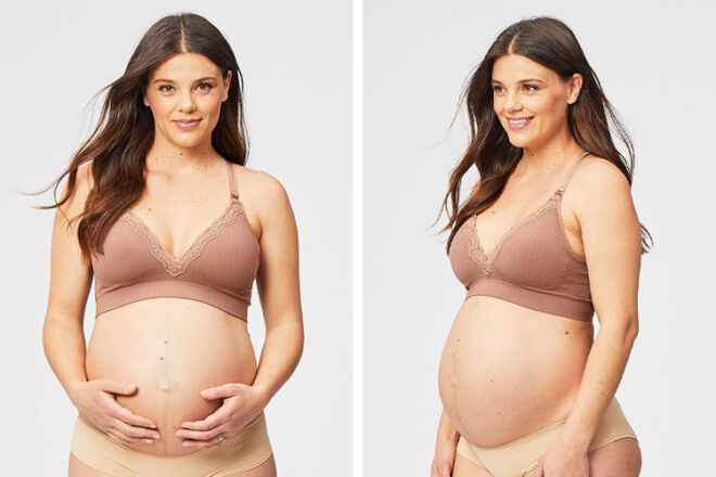 Front and side view of pregnant woman in Cake Maternity Tutti Fruitti maternity support showing lace and rib detail design in brown.