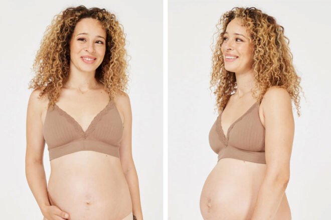 Front and side view of pregnant woman in Cake Maternity Tutti Fruitti maternity support showing lace and rib detail design in brown.