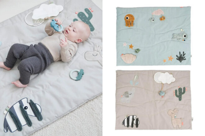 Side by side image of baby laying on the Done by Deer sensory play mat next to a front and back view of the mat