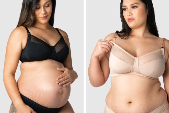 Front views of Hotmilk Lunar Eclipse maternity bra showing dropdown cup, mesh insert and two different colours, black and beige.