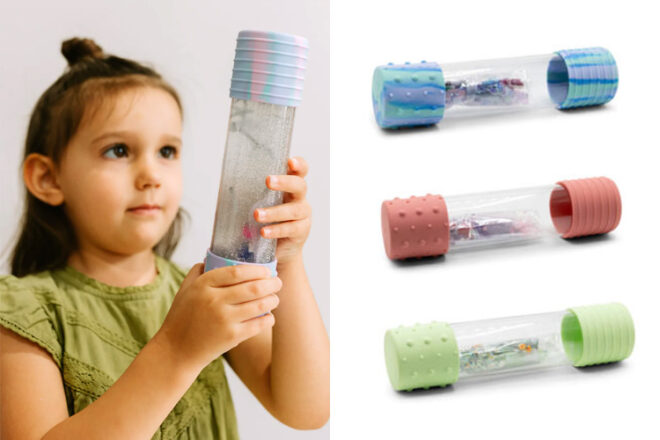 child playing with the Jellystone Calm Down Bottle and the three colour ways the bottles come in