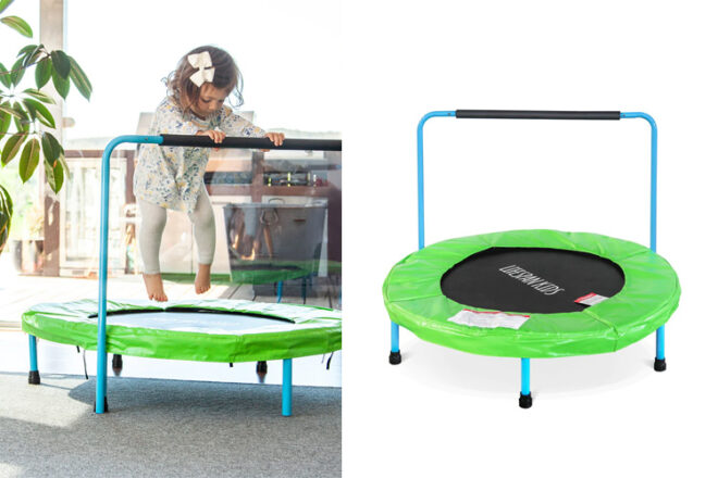 the Lifespan kids trampoline with a child jumping on the trampoline in the left image