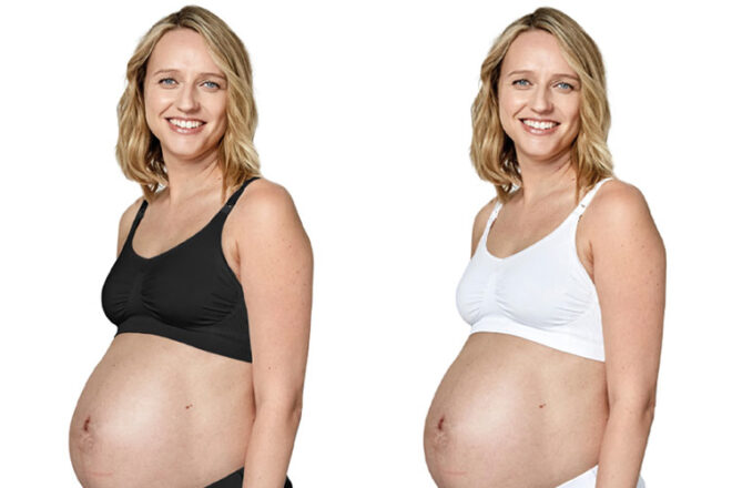 A woman wearing the Medela Breathable Maternity Bra in black and white