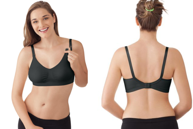 Front and back view of woman wearing Medela Comfy maternity bralette Bra showing clip release and back of bra.
