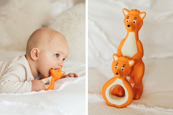 Young baby chewing on a Mizzie the Kangaroo teether 