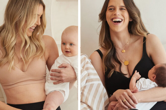 Two women and babies wearing Mumma Milla seamless bra showing options in nude and black for comparison. 