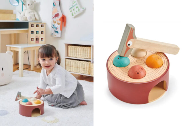 Side by side image of young girl playing with the Tender Leaf Toys hammer game next to a close up image of it