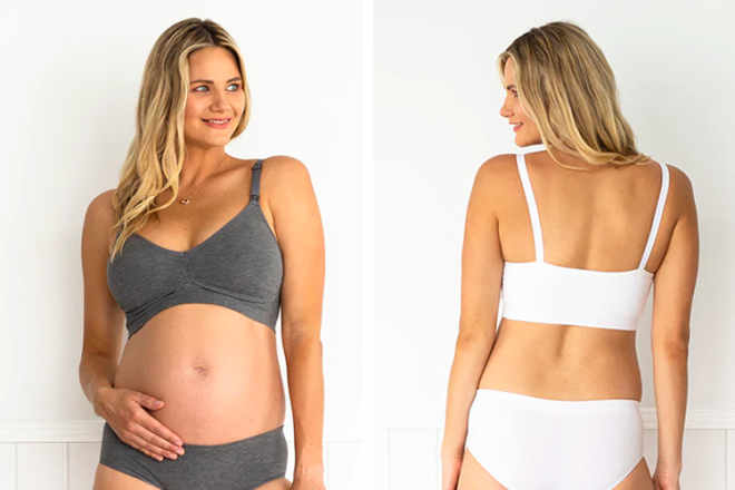 Pregnant woman wearing Yummy Maternity Bamboo maternity bra showing back and front of bra in two colours, grey and white.