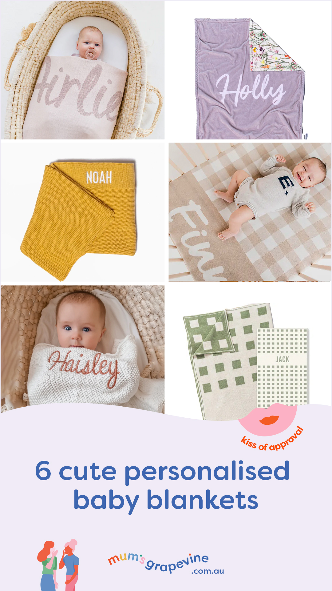 Compilation of six baby keepsake blankets, showing different colours, sizes, fonts and styles.