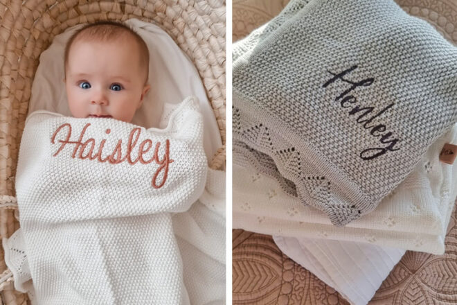 Hunter & Oak personalised knitted baby blankets for comparison, showing blanket's texture and embroidered name, different colours and fonts, some folded and the other with baby in a Moses basket.