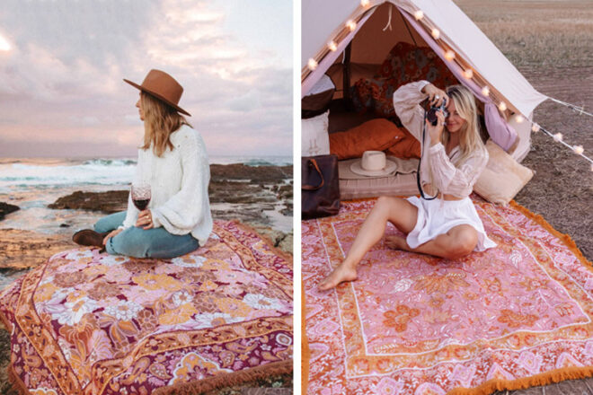 Isla in Bloom Boho woven picnic blankets showing two bright designs in two aspirational settings, at the beach and camping. 