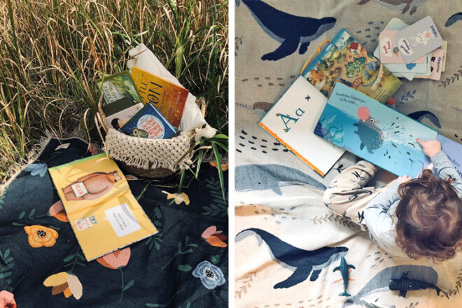 Joy Supply Co Woven Blanket rugs showing aerial views of two floral and whale prints for comparison, in toddler friendly set ups. 