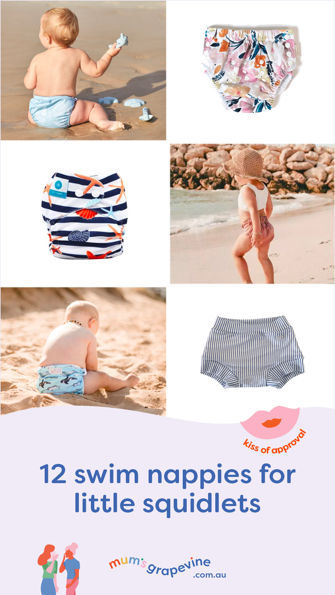 Compilation of six toddler swimsuit designs, showing different prints, sizes and age groups for children at the beach or pool.