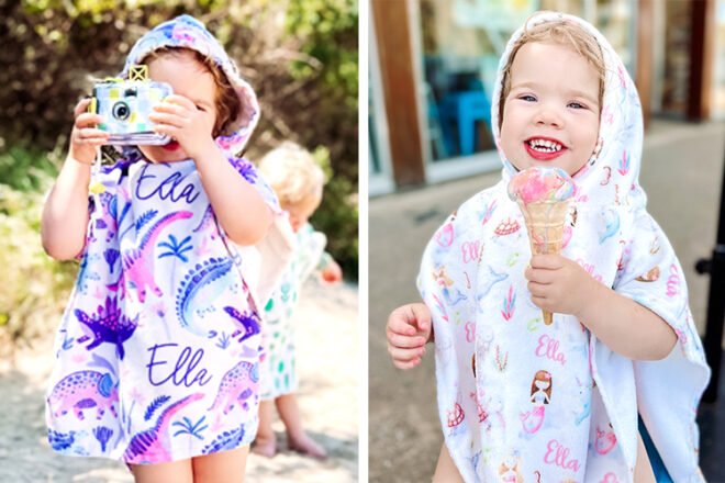 Two happy toddler girls wearing Blankids personalised hooded towels, showing use of hood and two different personalised designs in dinosaur and mermaid. 
