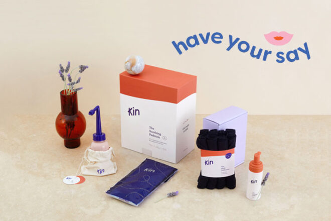 Six products included in Kin Fertility Postpartum Kit on a table