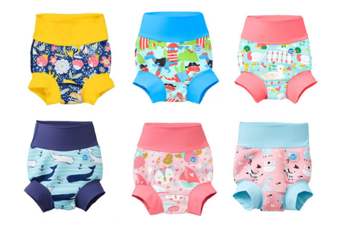 Compilation of Splash About Swim Bottoms, showing six different designs for comparison as well as showcasing contrasting waist and leg band detail. 