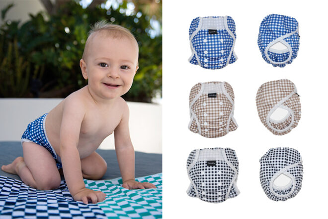 Compilation of three different TyouB swim bloomers for comparison, showing front and side views, adjustable snap buttons, as well as how the nappy looks when on an active baby,