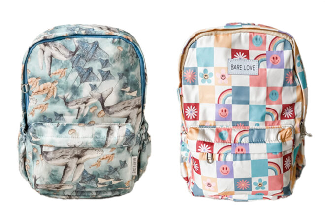 Front view of Bare Love preschooler backpacks, showing comparison of two different prints, sea animals and retro checks. 