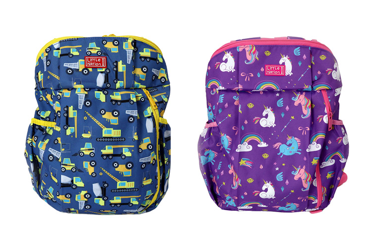 Front views of Little Nation small backpacks for toddlers, showing comparison of two different print options.