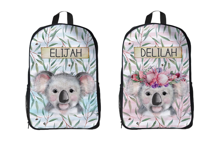 Spatz personalised backpacks, showing a comparison of two different designs for boys and girls with child's name printed on the front. 