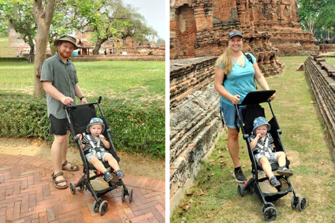 Mum and Dad showing off the Karion Kids Travel Stroller on holiday in Thailand