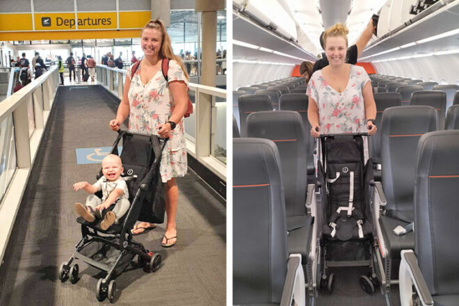 Mum with baby showing off the Karion Kids Travel Stroller at the airport