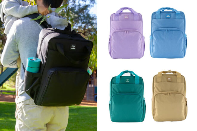 Image of man carrying the Joey + Grace Nappy Backpack with four images showing the different colours next to it