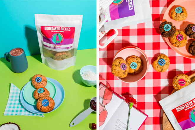 On the plate, there are The Milk Mumma Co Boobtastic Bickies, which are packaged in a resealable plastic bag. Each cookie has an adorable and inspiring quote stuck on it.
