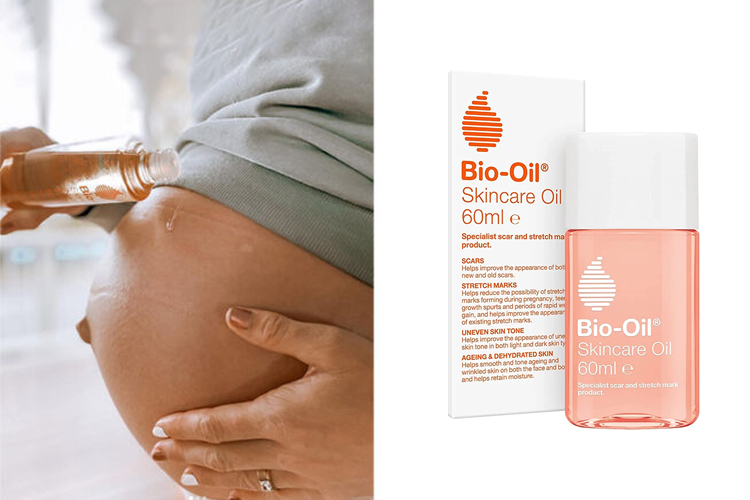 Bio Oil Skincare Stretch Mark Oil showing the packaging and 60ml oil bottle being applied by a pregnant mother to her bare belly.