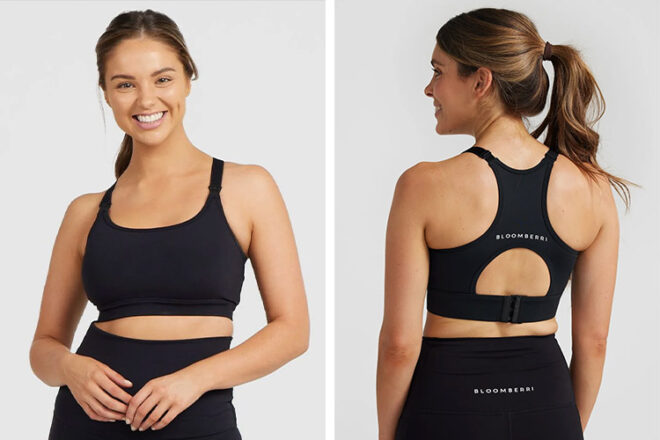 Bloomberri Brooklyn Nursing Sports Bra being worn to show the clip down from the front and racerback style from the back view