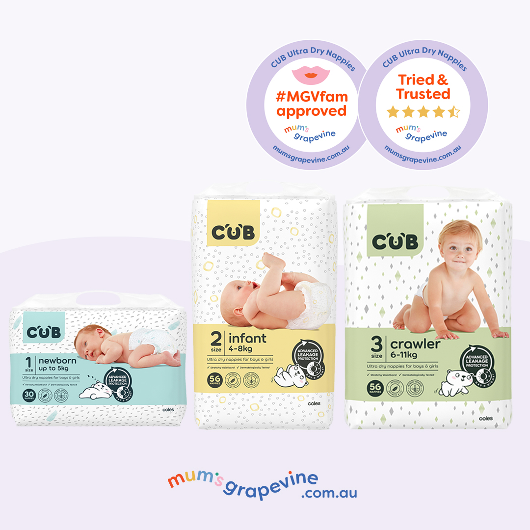 CUB nappies showing three packet sizes and 4.5 star review badge