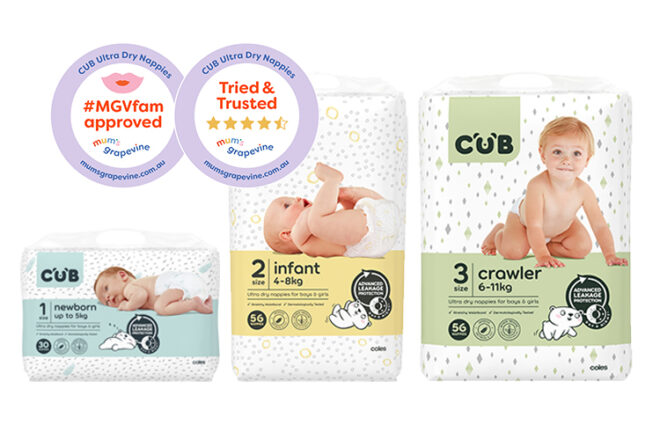 Three packets of CUB Ultra Dry Nappies showing Mum's Grapevine 4.5 star review badge