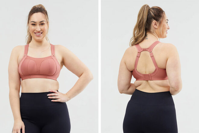 Cake Maternity Popcorn Nursing Sports Bra in pink showing front view with clip drop cups and back view with a done up racerback clasp