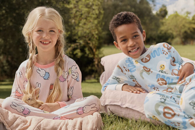 Two kids wearing Cotton On's Miffy Easter Pjs