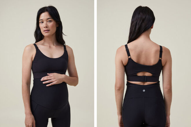 Cotton On Maternity Wire-free Sports crop bra in black showing front view and rear cut outs on the back