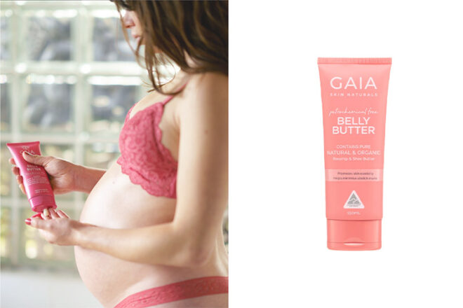 150 ml GAIA Skin Naturals Belly Butter showing front and rear packet sids and mother applying the cream to her belly.