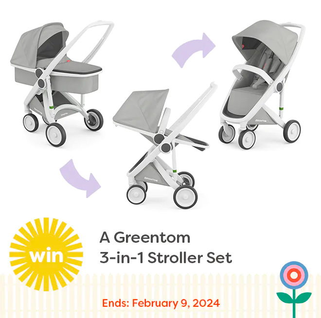 The Greentom 3-in-1 stroller set in it's three forms with an illustration of a sun with win and text win A Greentom 3-in-1 Stroller Set