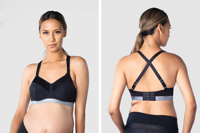 Hotmilk Lingerie Reactivate Sports Bra in black with a blue grey under breast support band from the front and rear view with a cross strap back