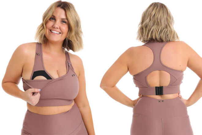 KISSActive high velocity nursing bra in spice showing triangle opening from the front view and extra support from the rear view. 