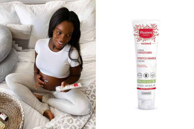 Mustela Stretch Mark Cream showing a pregnant mother applying the cream to her bare belly.
