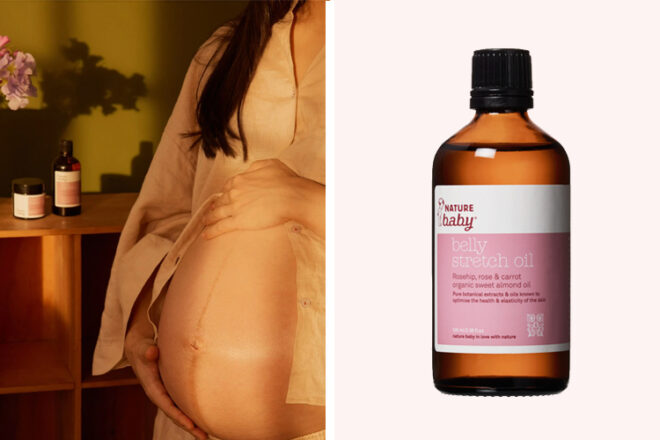 Nature Baby Belly Stretch Mark Oil showing the front of the bottle and a mother applying the oil to her bare pregnant belly.