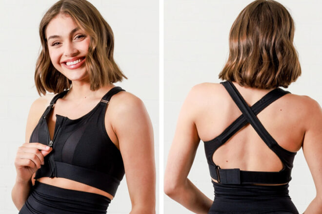 QueenBee Frankie Nursing Sports Bra in Black showing front opening zipper and adjustable back strap from the rear view. 