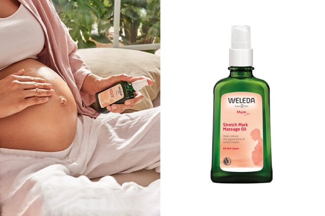 Weleda Stetch Mark Oil showing a green and pink 100ml bottle being held by a pregnant mother